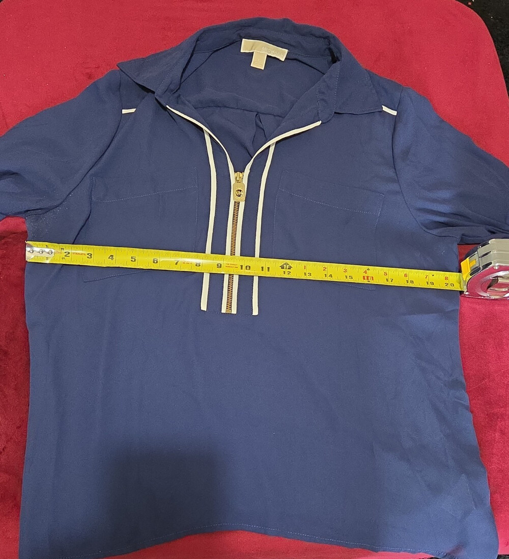 Michael Kors Blouse XL Navy Blue Zip Front Roll Tab Sleeve Shirt Gently Used - Picture 5 of 16